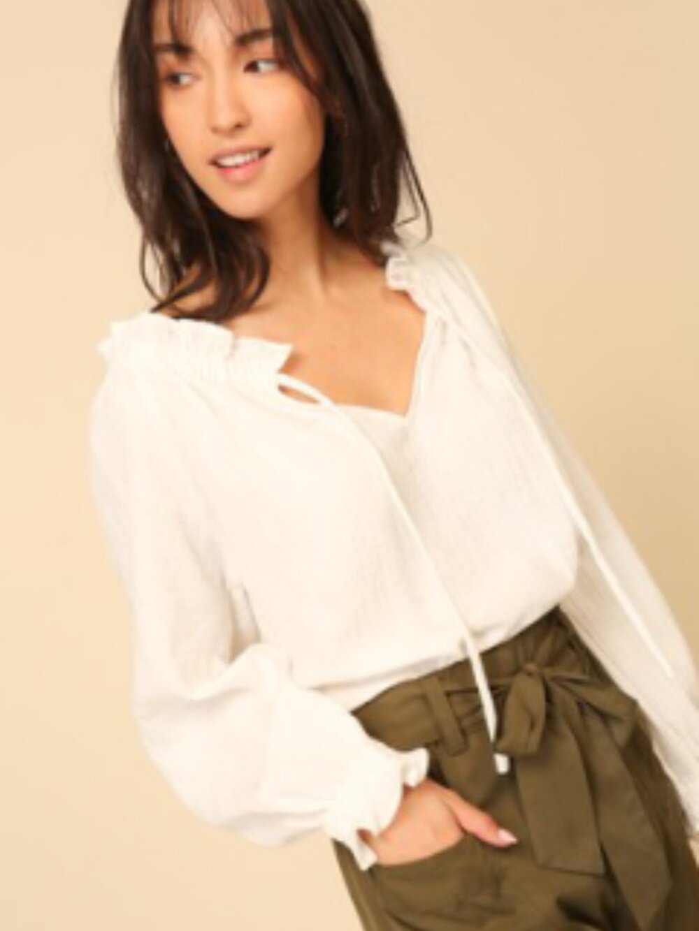 Long Sleeve wide neck gauze peasant top